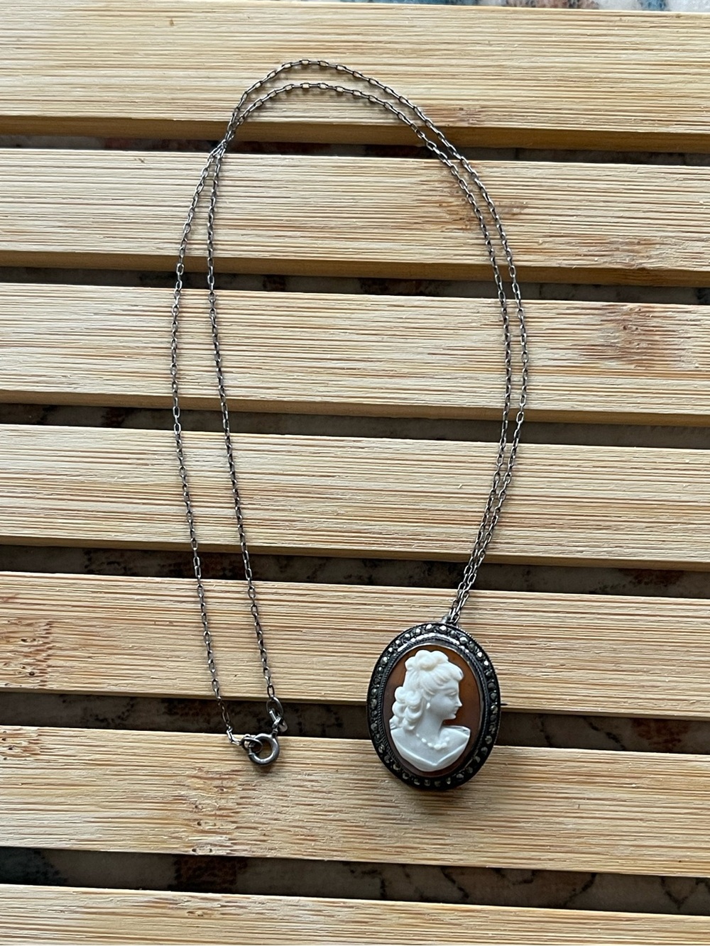 Sterling Silver Antique 40’s Shell Cameo Marcasite Pendant Necklace